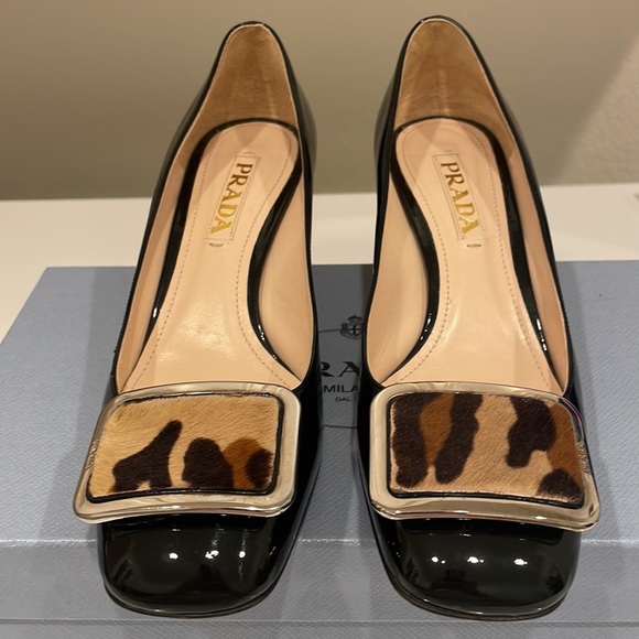 Prada Black Patent Leather & Leopard Calfskin Block Heel - Picture 2 of 13
